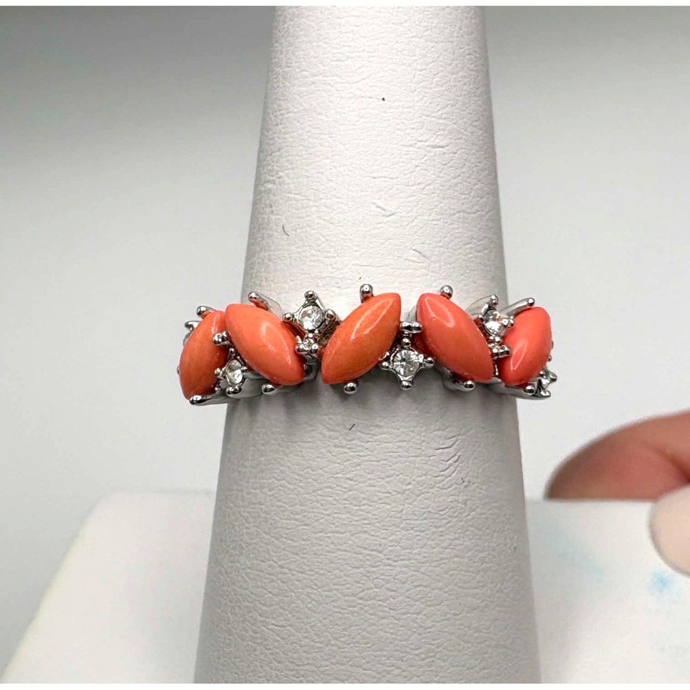Rhodium Plated Cocktail Ring Size 8 Band Faux Coral NWOT Camille Lucie